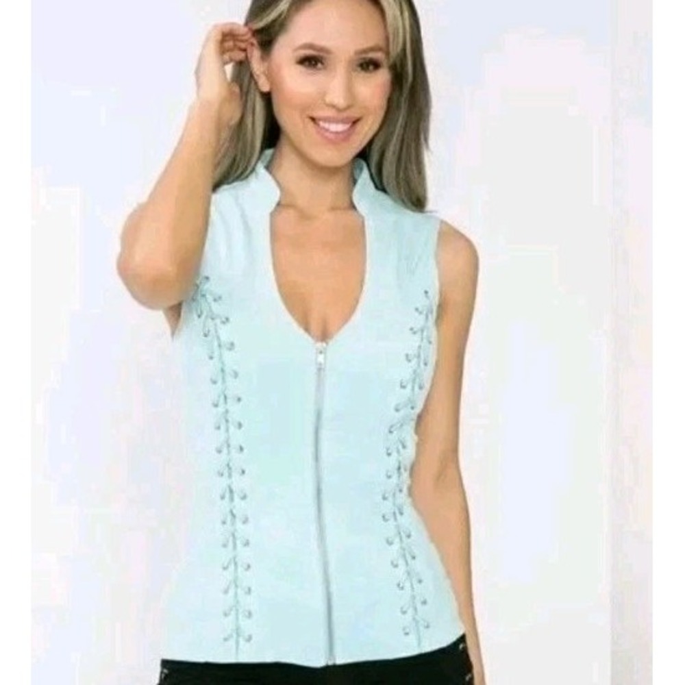 Lydia Soft Blue Faux Suede Stretch Zip Top 1XL Criss Cross Moto Built In Bra NWT